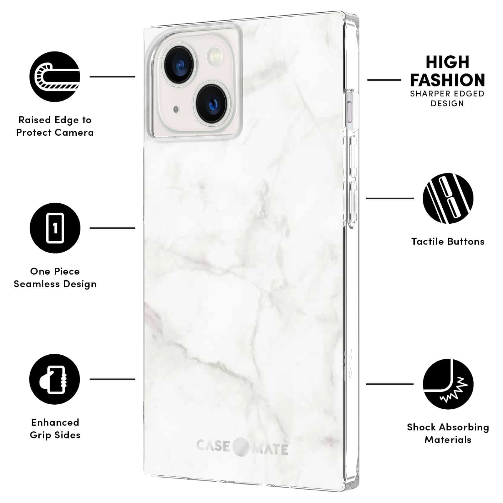 FEATURES: RAISED EDGE TO PROTECT CAMERA, ONE PIECE SEAMLESS DESIGN, ENHANCED GRIP SIDES, HIGH FASHION SHARPER EDGE DESIGN, TACTILE BUTTONS, SHOCK ABSORBING MATERIALS. COLOR::WHITE MARBLE