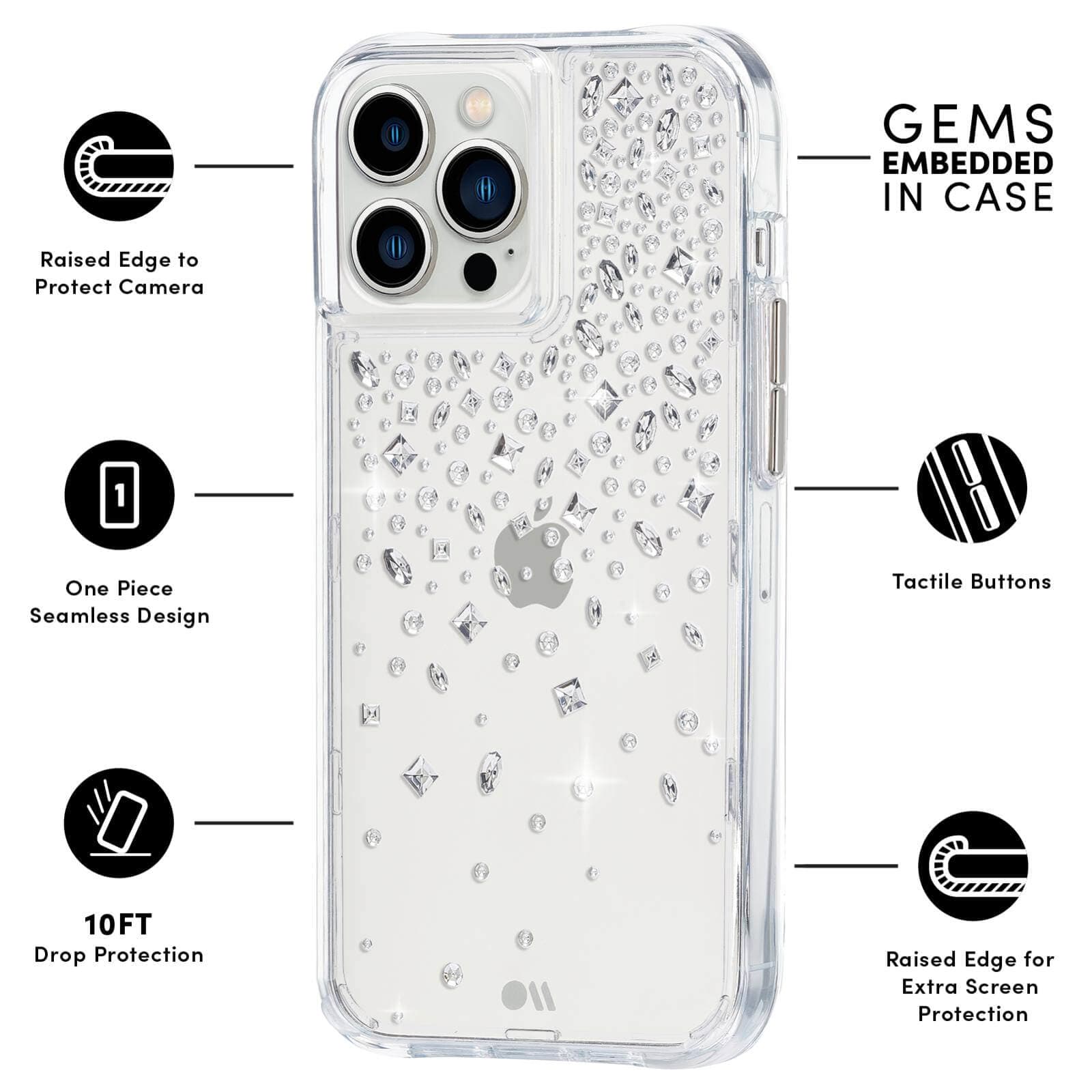 FEATURES: RAISED EDGE TO PROECT CAMERA, ONE PIECE SEAMLESS DESIGN, 10FT DROP PROTECTION, GEMS EMBEDDED IN CASE, TACTILE BUTTONS, RAISED EDGE FOR EXTRA SCREEN PROTECTION. COLOR::KARAT CRYSTAL