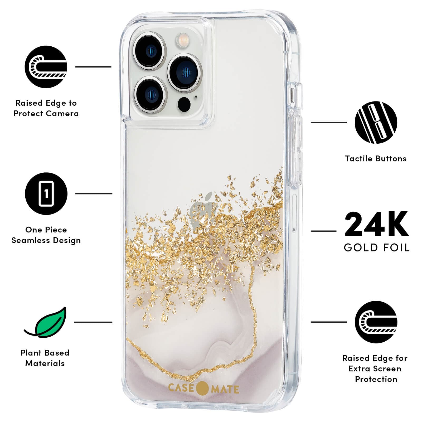 Features: Raised edge to protect camera, one piece seamless design, plant based materials, tactile buttons, 24k gold foil, raised edge for extra screen protection. color::Karat Marble