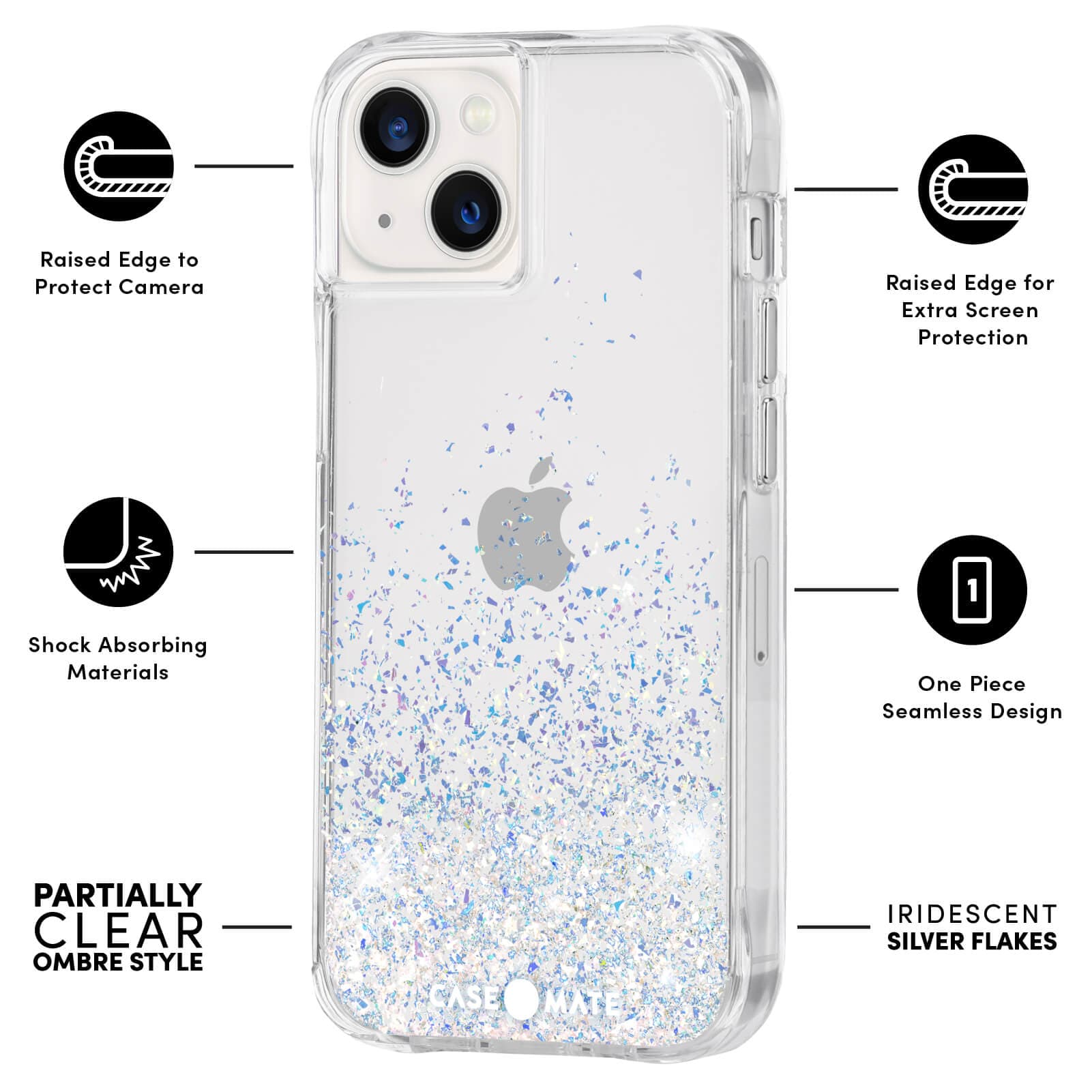 FEATURES: RAISED EDGE TO PROTECT CAMERA, SHOCK ABSORBING MATERIALS, PARTIALLY CLEAR OMBRE STYLE, RAISED EDGE FOR EXTRA SCREEN PROTECTION, ONE PIECE SEAMLESS DESIGN, IRIDESCENT SILVER FLAKES. COLOR::TWINKLE STARDUST