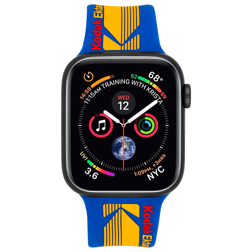 Blue, yellow and red print Kodak Watch Band. color::Ektachrome Blue