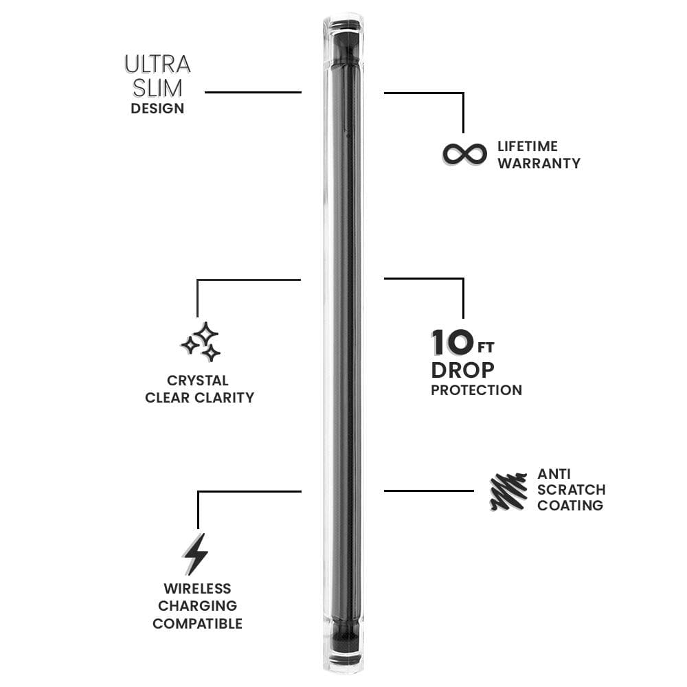 Features Ultra Slim design, Crystal Clear Clarity, Wireless Charging compatible, Lifetime Warranty, 10 ft Drop Protection, Anti-Scratch Coating. color::Clear