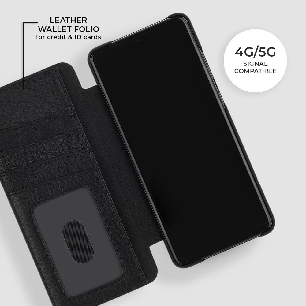 Leather wallet folio for credit and ID cards. 4G/5G Signal Compatible. color::Black