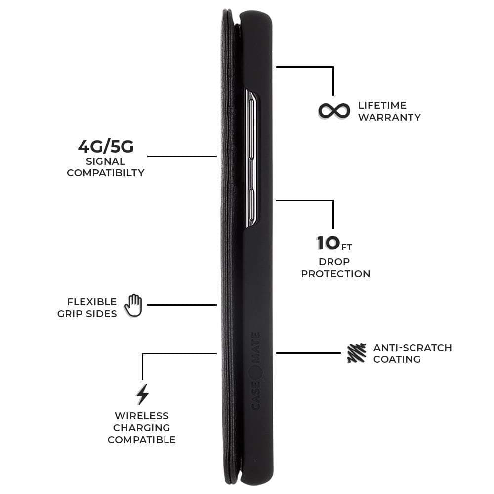 Features 4G/5G Signal Compatibility, Flexible Grip Sides, Wireless Charging Compatible, Lifetime Warranty, 10 ft Drop Protection, Anti-Scratch Coating. color::Black