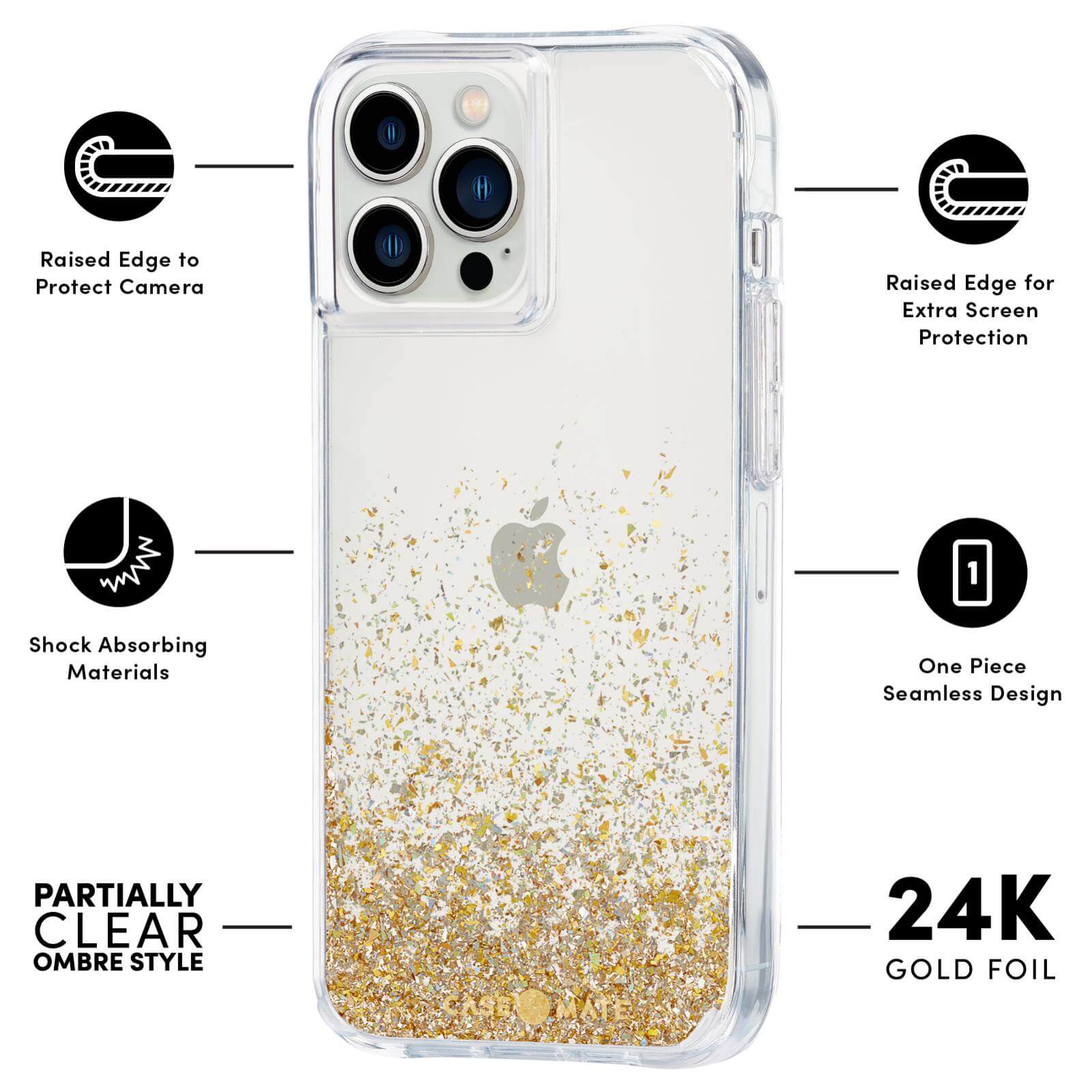 FEATURES: RAISED EDGE TO PROTECT CAMERA, SHOCK ABSORBING MATERIALS, PARTIALLY CLEAR OMBRE STYLE, RAISED EDGE FOR EXTRA SCREEN PROTECTION, ONE PIECE SEAMLESS DESIGN, 24K GOLD FOIL. COLOR::TWINKLE GOLD
