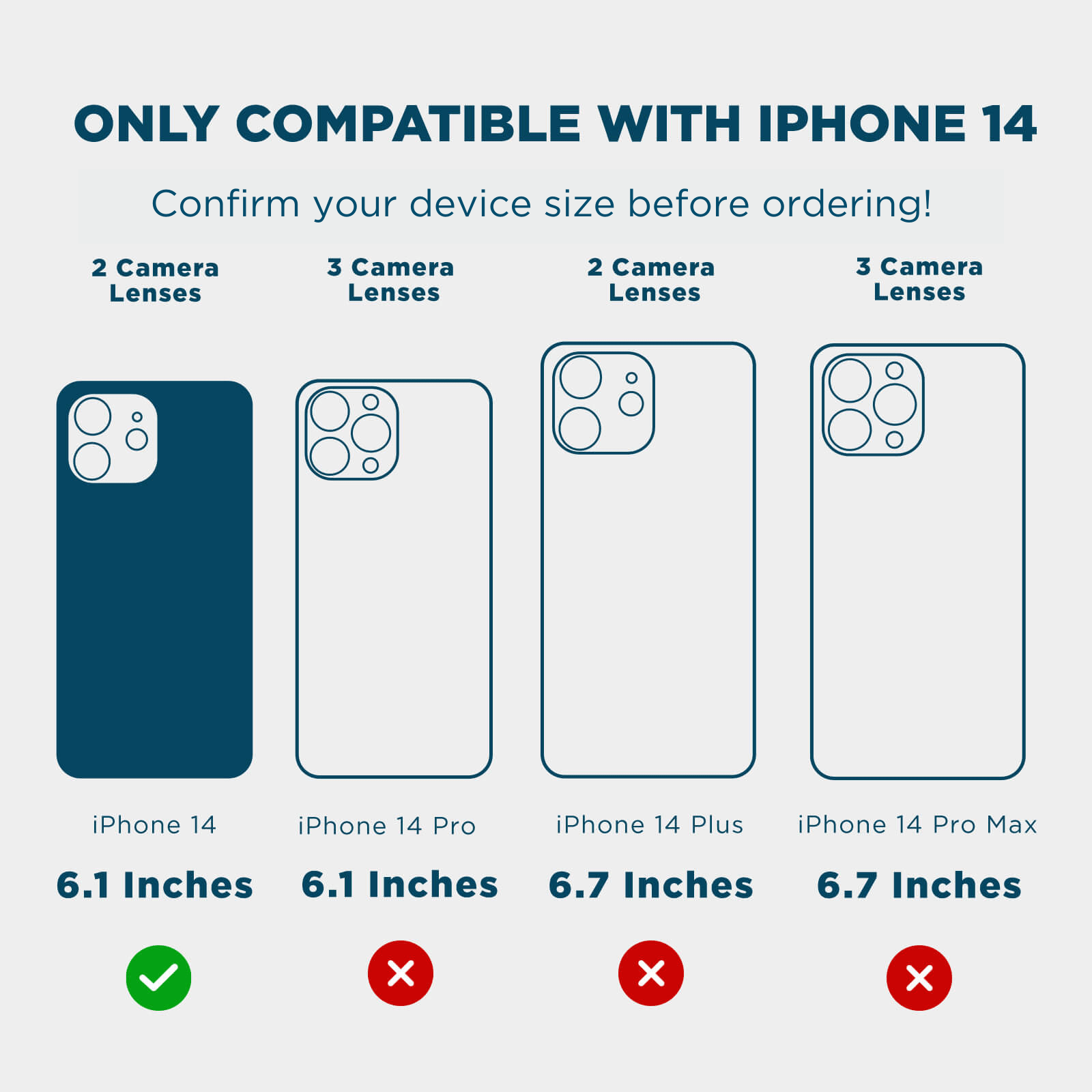 ONLY COMPATIBLE WITH IPHONE 14 CONFIRM YOUR DEVICE SIZE BEFORE ORDERING! 2 CAMERA LENSES, 3 CAMERA LENSES, 2 CAMERA LENSES, 3 CAMERA LENSES. IPHONE 14 6.1" IPHONE 14 PRO 6.1" IPHONE 14 PLUS 6.7" IPHONE 14 PRO MAX 6.7". COLOR::CLEAR