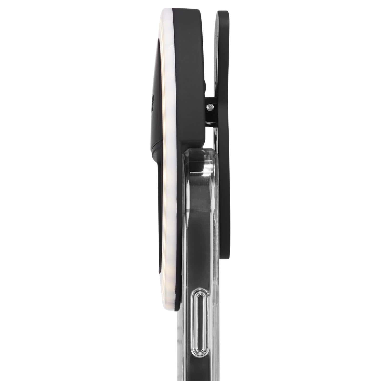 Side view of thin clip on lighting attachment. color::Black