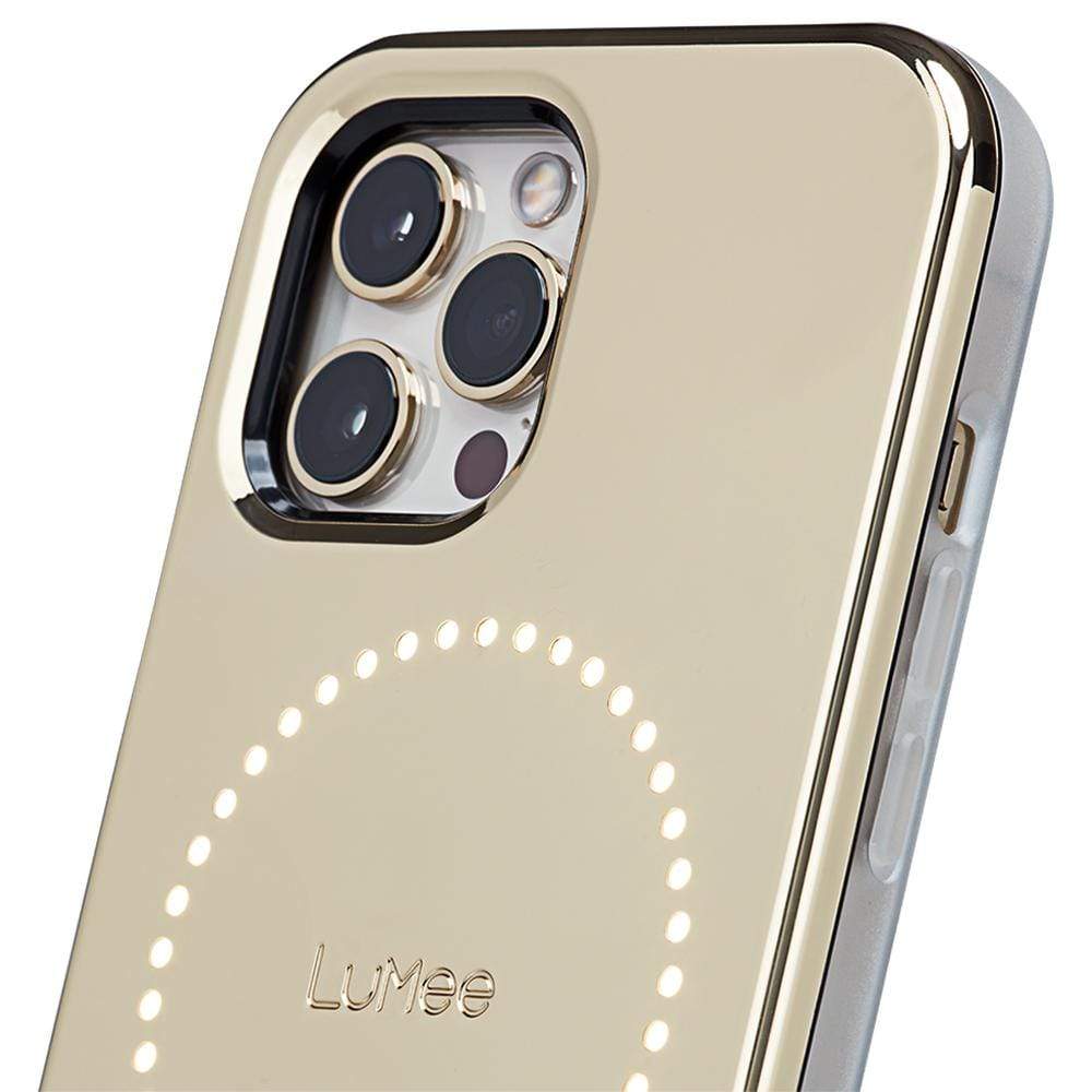 Up close image of gold mirror iPhone 12/ 12 Pro phone case. color::Gold