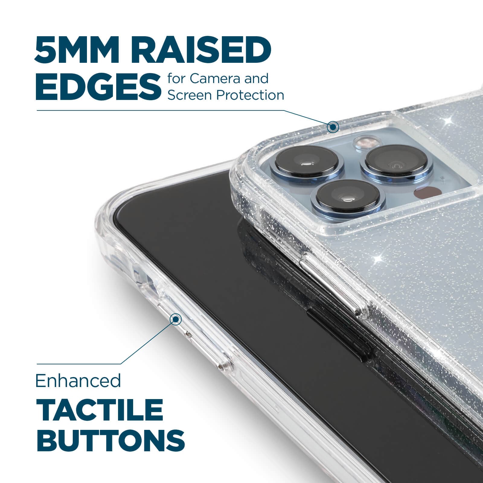 5mm raised edges for camera and screen protection. enhanced tactile buttons. color::Clear