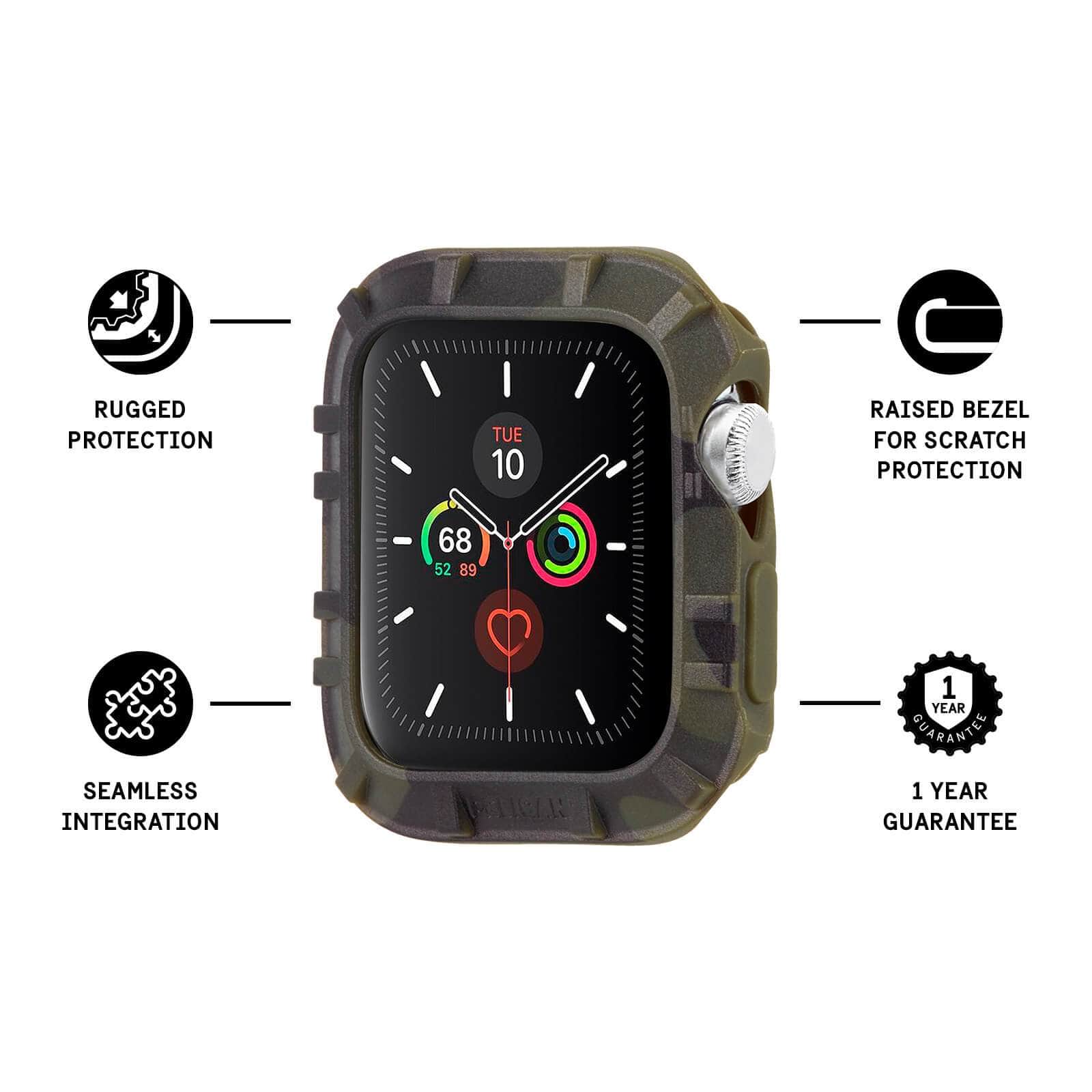 Features Rugged Protection, Seamless Integration, Raised Bezel for Scratch Protection, 1 year guarantee. color::Camo Green