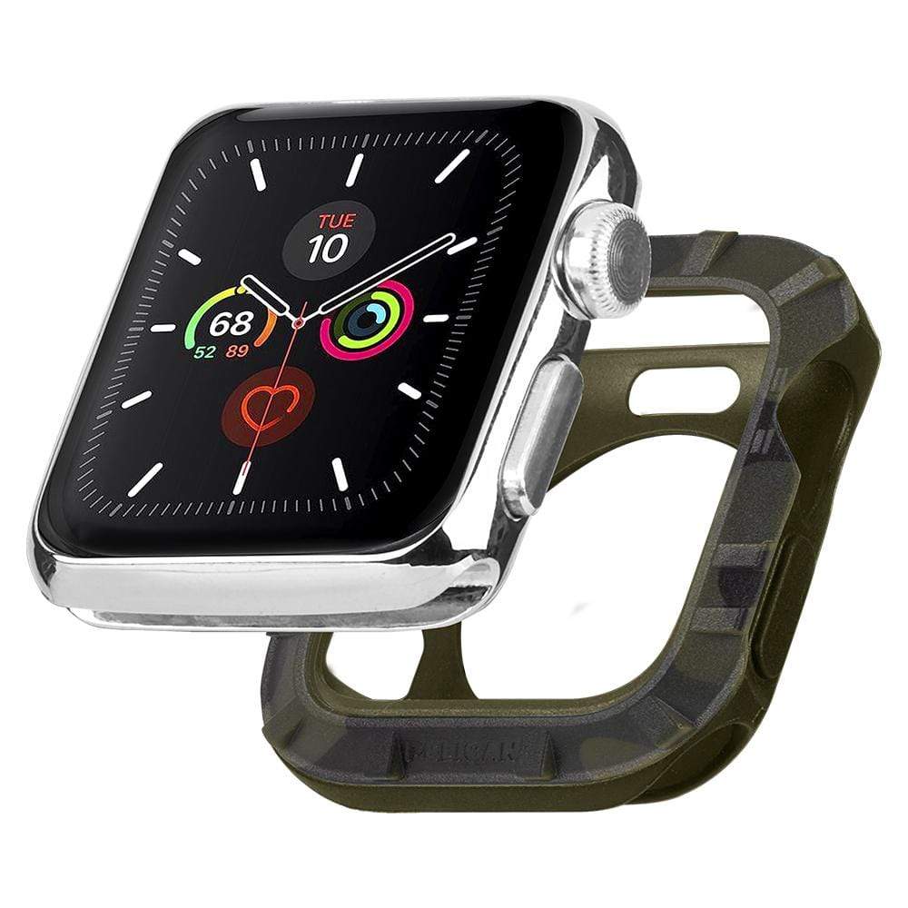 Pelican Protector floating behind Apple Watch. color::Camo Green