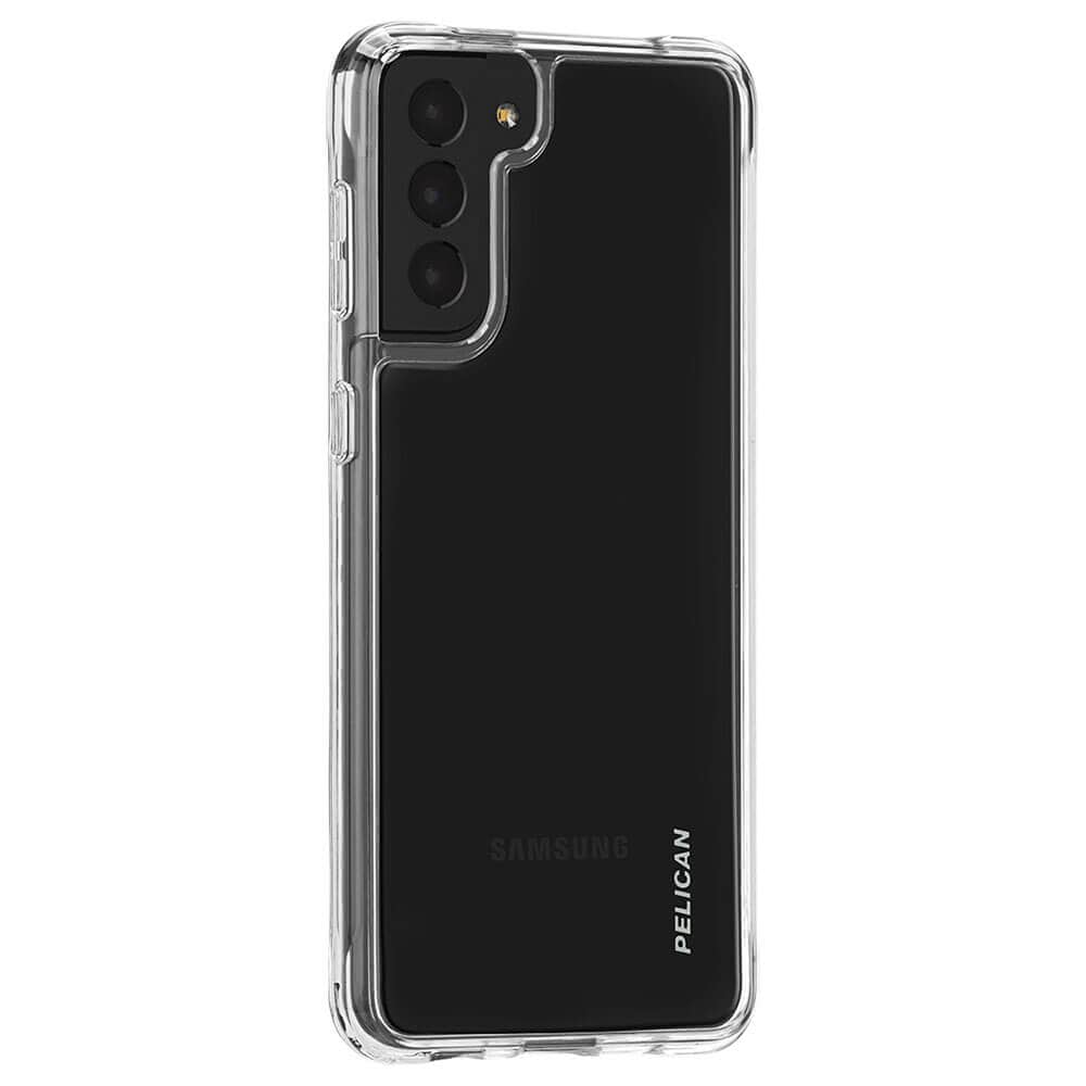 Clear Pelican case on black Galaxy S21+. color::Clear