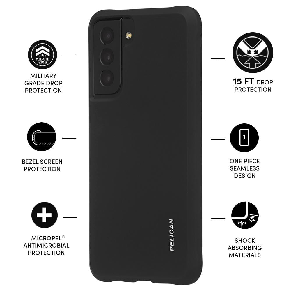 Features Military grade drop protection, bezel screen protection, Micropel Antimicrobial Protection, 15 ft Drop Protection, One Piece Seamless design, Shock Absorbing Materials. color::Black