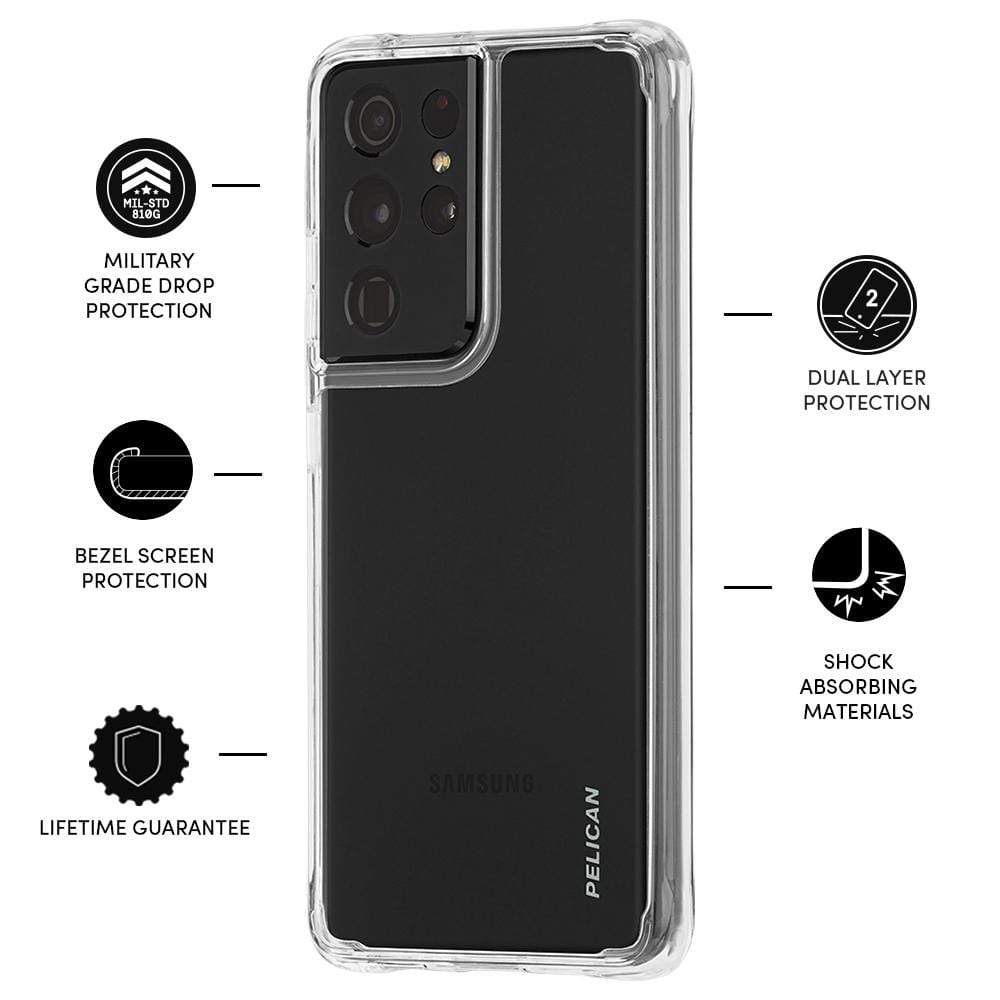 Features Military grade drop protection, bezel screen protection, lifetime guarantee, dual layer protection, shock absorbing materials. color::Clear