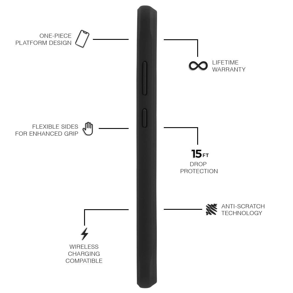 Features One Piece Seamless Design, Flexible Sides for Enhanced Grip, Wireless Charging Compatible, Lifetime Warranty, 15 ft Drop Protection, Anti-Scratch Technology. color::Black