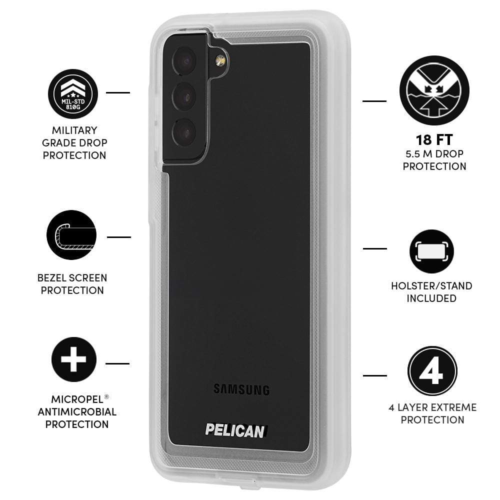 Features Military grade drop protection, bezel screen protection, Microppel Antimicrobial Protection, 18 FT drop protection, Holster/ Stand Included, 4 Layer Extreme Protection. color::Clear