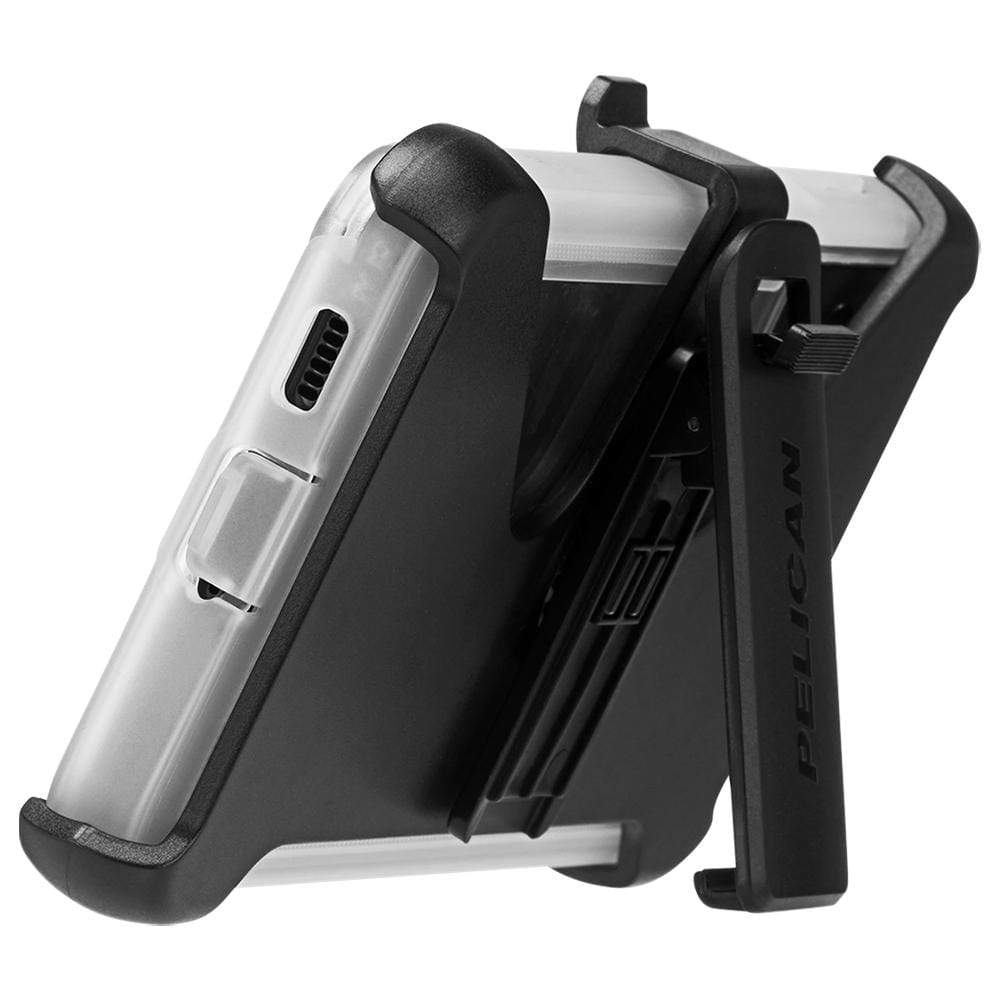 Pelican Voyager propped up on built-in kick stand horizontally. color::Clear