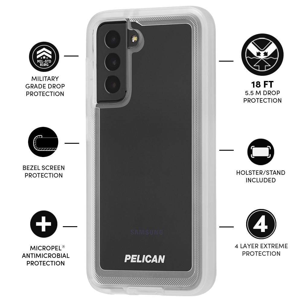 Features Military grade drop protection, bezel screen protection, Micropel Antimicrobial Protection, 18 FT drop protection, Holster/ Stand Included, 4 Layer Extreme Protection. color::Clear