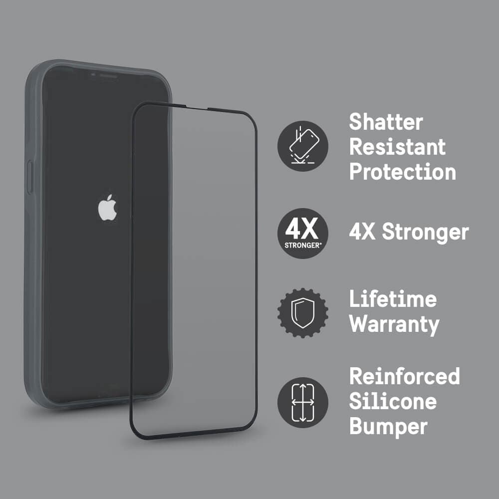 Shatter resistant protection, 4x stronger, lifetime warranty, reinforced silicon bumper. color::Clear