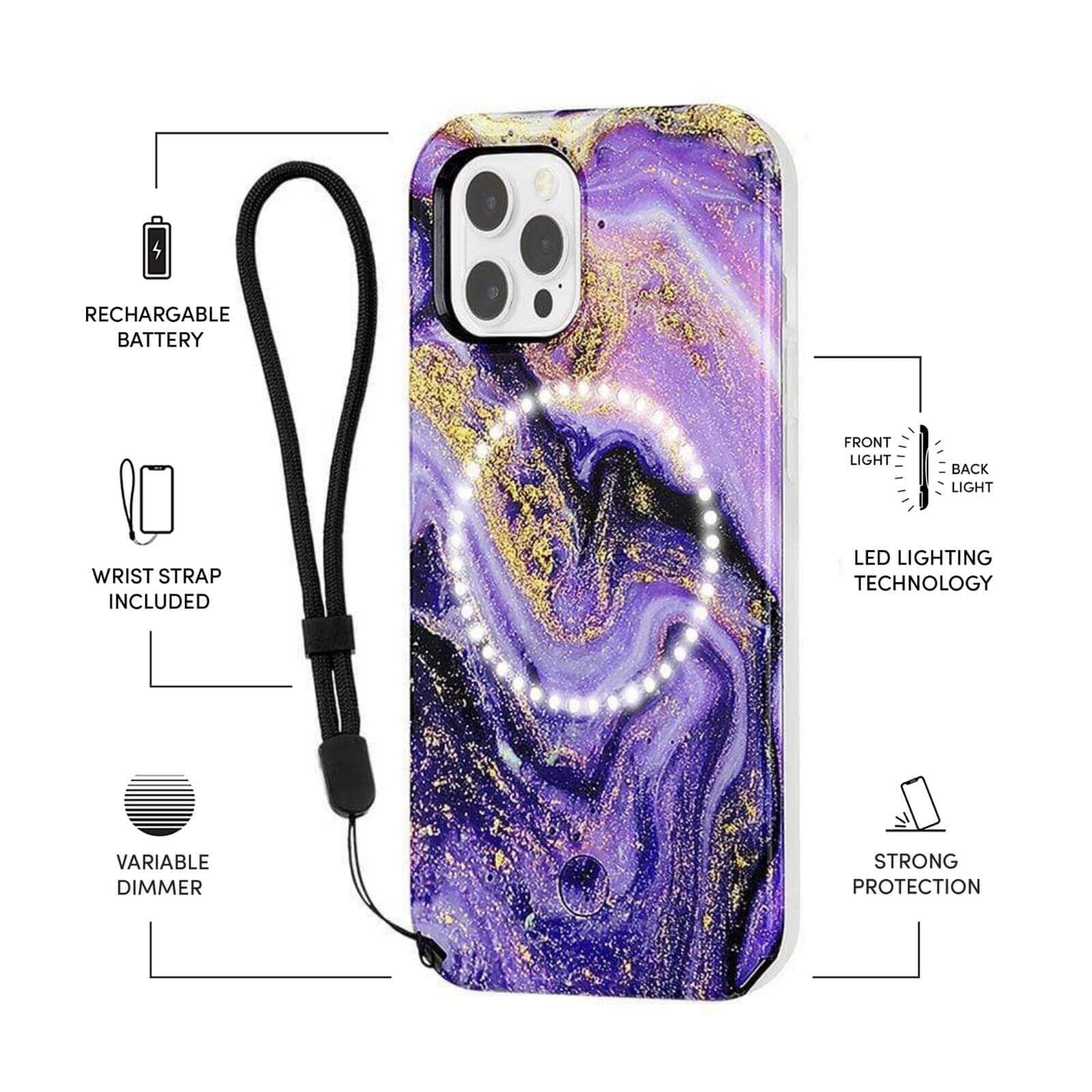 Features Rechargeable Batter, Wrist Strap Included, Variable Dimmer, Front light and back light LED lighting technology, strong protection. color::Gold Glitter Purple Marble