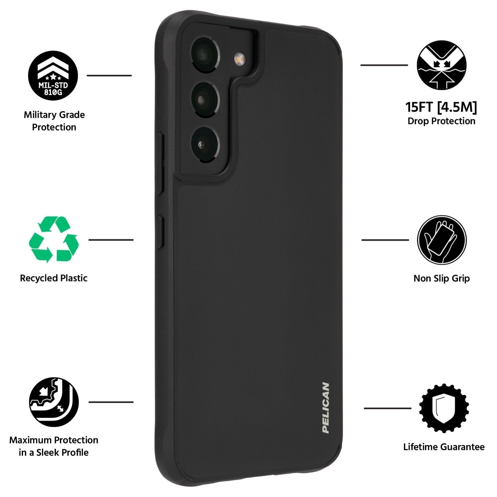 FEATURES: MILITARY GRADE PROTECTION, RECYCLED PLASTIC, MAXIMUM PROTECTION IN A SLEEK PROFILE., 15FT DROP PROTECTION, NON SLIP GRIP, LIFETIME GUARANTEE. COLOR::BLACK