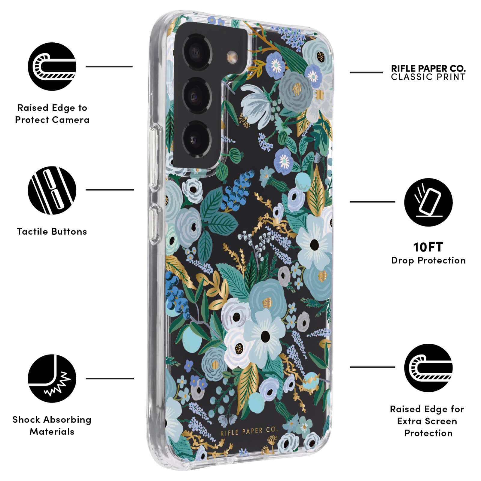FEATURES: RASIED EDGE TO PROTECT CAMERA, TACTILE BUTTONS, SHOCK ABSORBING MATERIALS, RIFLE PAPER CO. CLASSIC PRINT, 10FT DROP PROTECTION, RAISED EDGE FOR EXTRA SCREEN PROTECTION. COLOR::GARDEN PARTY BLUE