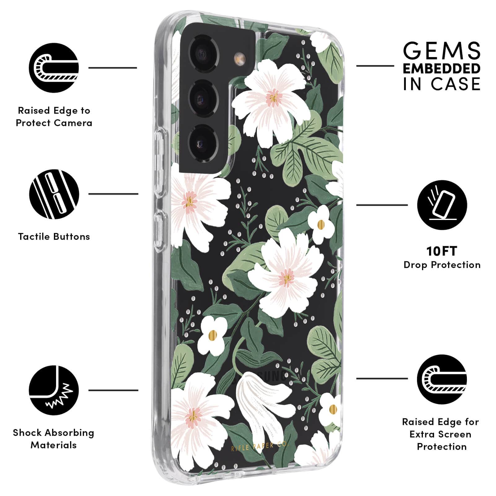 FEATURES: RAISED EDGE TO PROTECT CAMERA, TACTILE BUTTONS, SHOCK ABSORBING MATERIALS, GEMS EMBEDDED IN CASE, 10 FT DROP PROTECTION, RAISED EDGE FOR EXTRA SCREEN PROTECTION. COLOR::WILLOW