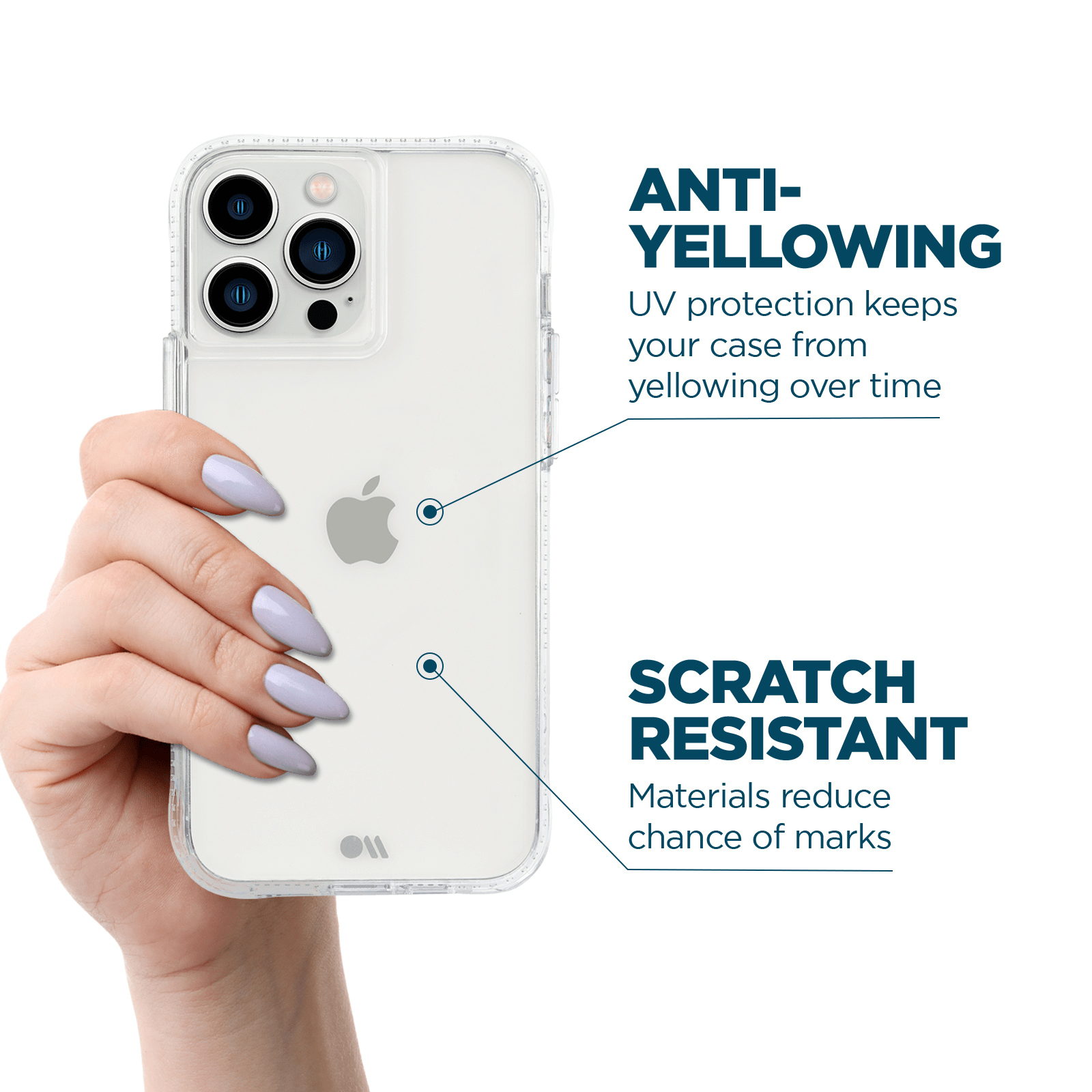 Anti-yellowing UV protection keeps your case from yellowing over time. Scratch resistant materials reduce chance of marks. color::Clear