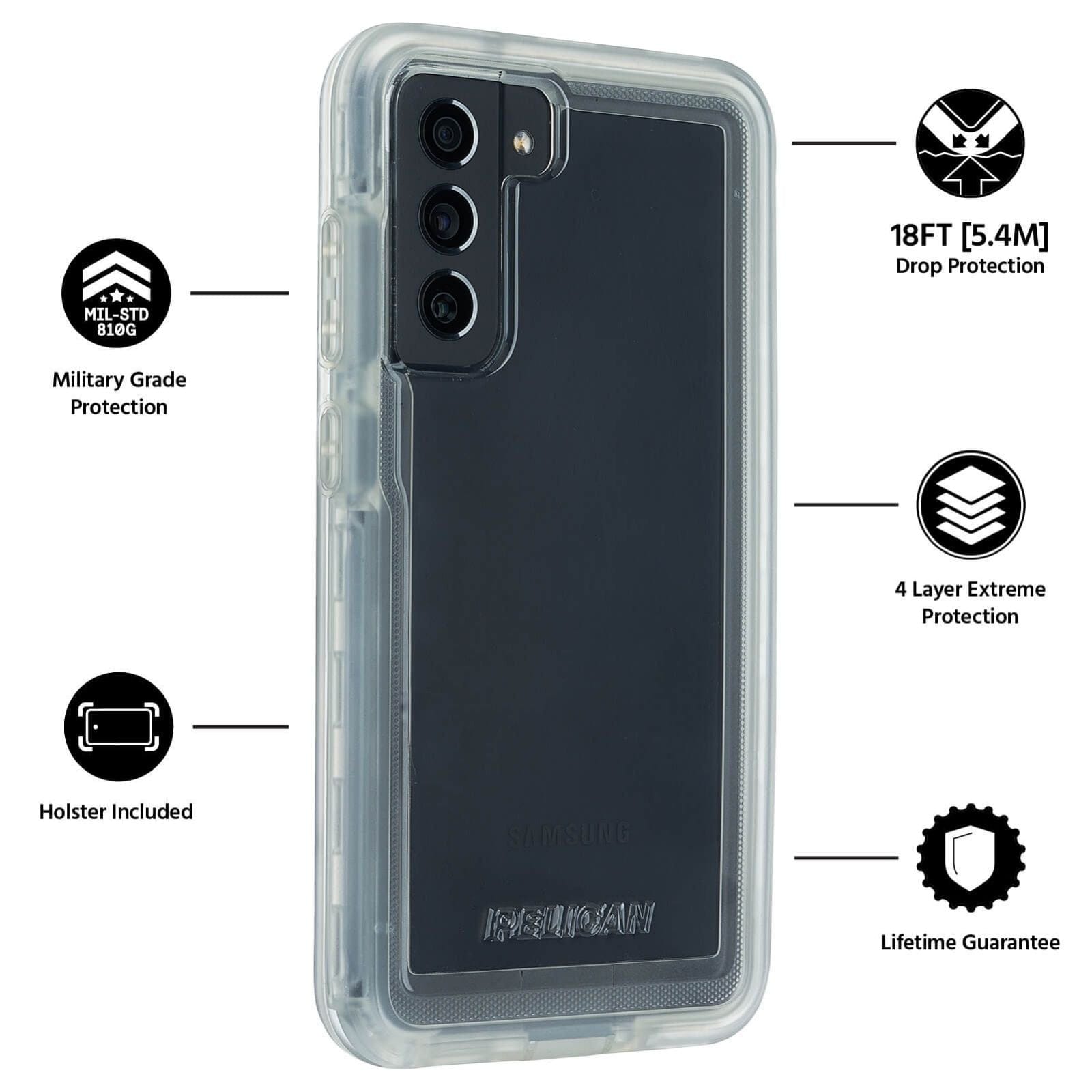 FEATURES: MILITARY GRADE PROTECTION, HOLSTER INCLUDED, 18FT DROP PROTECTION, 4 LAYER EXTREME PROTECTION, LIFETIME GUARANTEE. COLOR::CLEAR