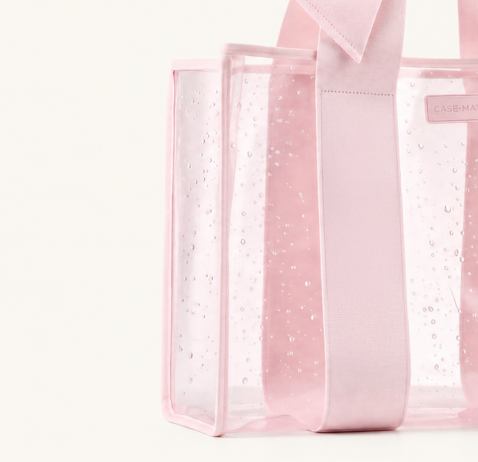 Close up of the pink jelly tote covered in water droplets