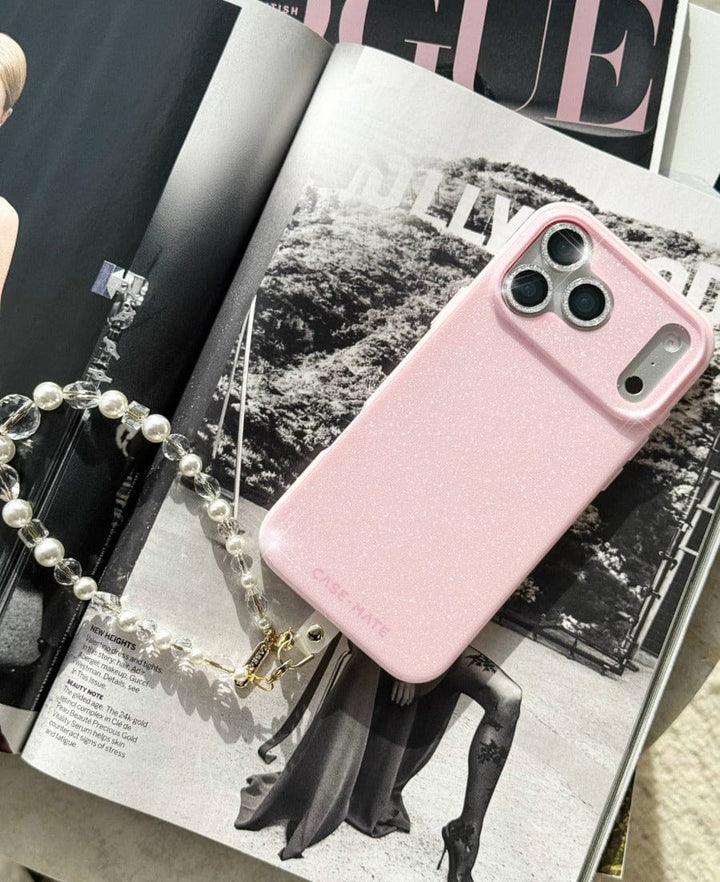 Ballet Pink Twinkle Phone case with Crystal Pearl Phone Charm attached at the bottom