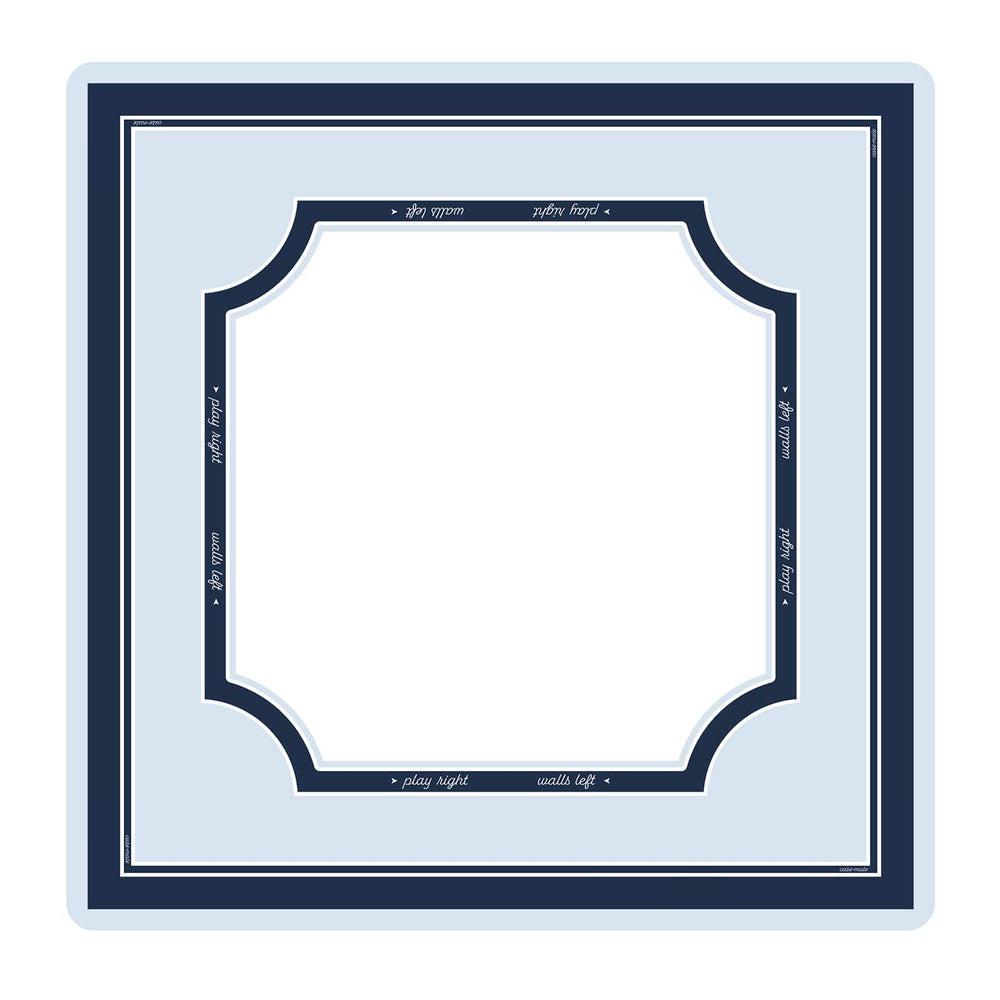 A square decorative frame or mat with a layered border design in navy blue and white, featuring a large blank white center and small script text along the inner border.
#color_classic carolina blue
