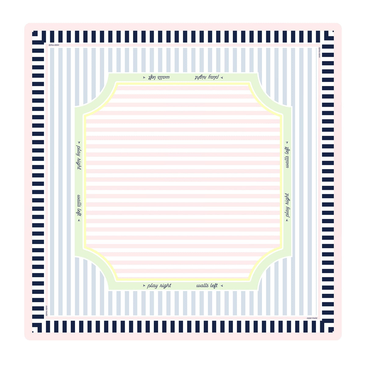 A square baby blanket with a striped pattern, featuring navy blue and white stripes on the border, light blue and white vertical stripes in the center, a pale pink striped inner section, and a light green decorative frame.
#color_classic cabana stripe