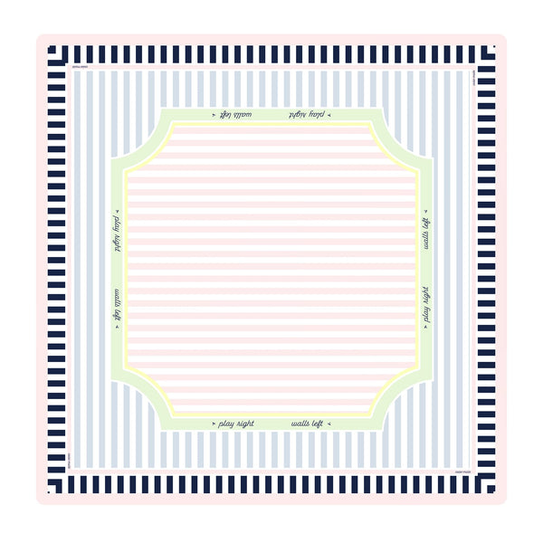 A square baby blanket with a striped pattern, featuring navy blue and white stripes on the border, light blue and white vertical stripes in the center, a pale pink striped inner section, and a light green decorative frame.
#color_classic cabana stripe