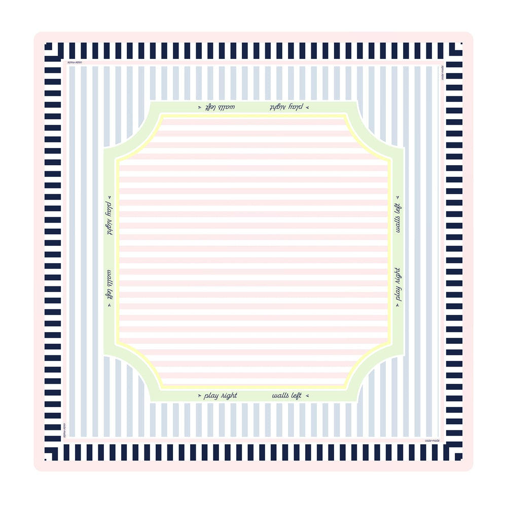 A square baby blanket with a striped pattern, featuring navy blue and white stripes on the border, light blue and white vertical stripes in the center, a pale pink striped inner section, and a light green decorative frame.
#color_classic cabana stripe
