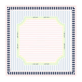 A square baby blanket with a striped pattern, featuring navy blue and white stripes on the border, light blue and white vertical stripes in the center, a pale pink striped inner section, and a light green decorative frame.
#color_classic cabana stripe