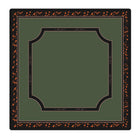 A square decorative card or print with a dark olive green center, bordered by a black frame with orange speckled motifs and small gold script text, shown on a plain white background.
#color_classic tortoiseshell