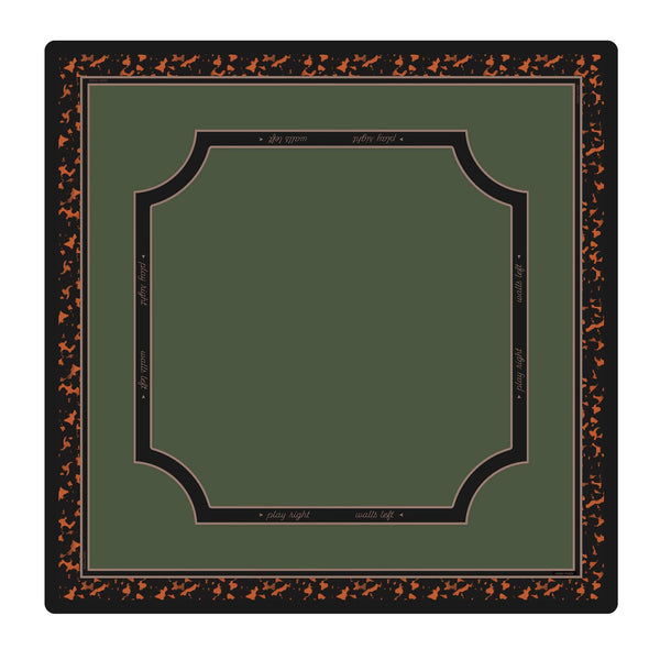 A square decorative card or print with a dark olive green center, bordered by a black frame with orange speckled motifs and small gold script text, shown on a plain white background.
#color_classic tortoiseshell