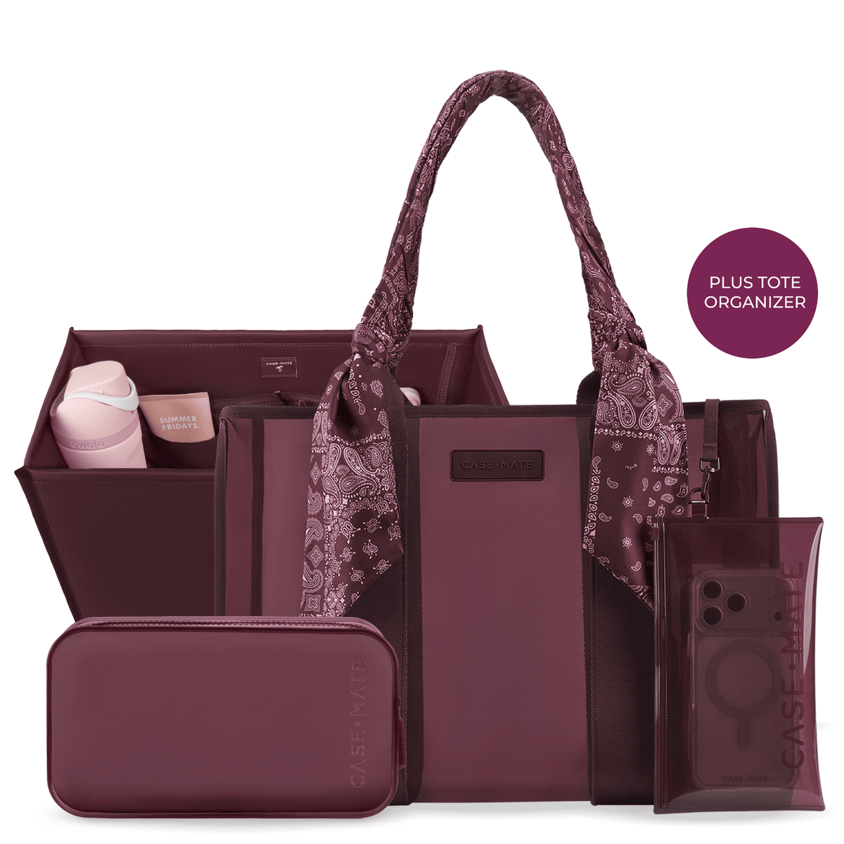 A mulberry tote with a paisley scarf-wrapped handle, shown with a matching organizer insert, zip pouch, and clear phone pouch.