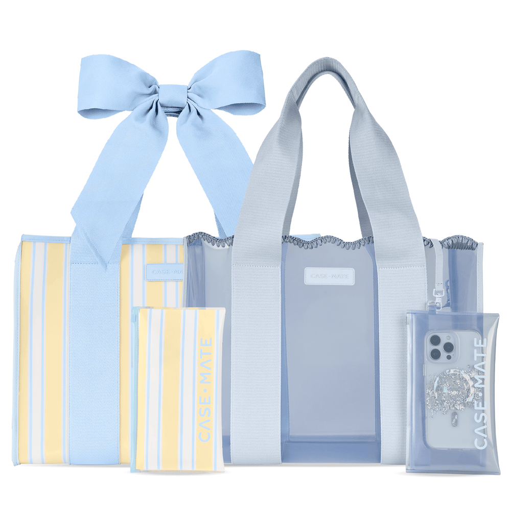 Two totes displayed together: yellow and white striped cabana bag with blue bow and blue crochet wave tote with handles and m
