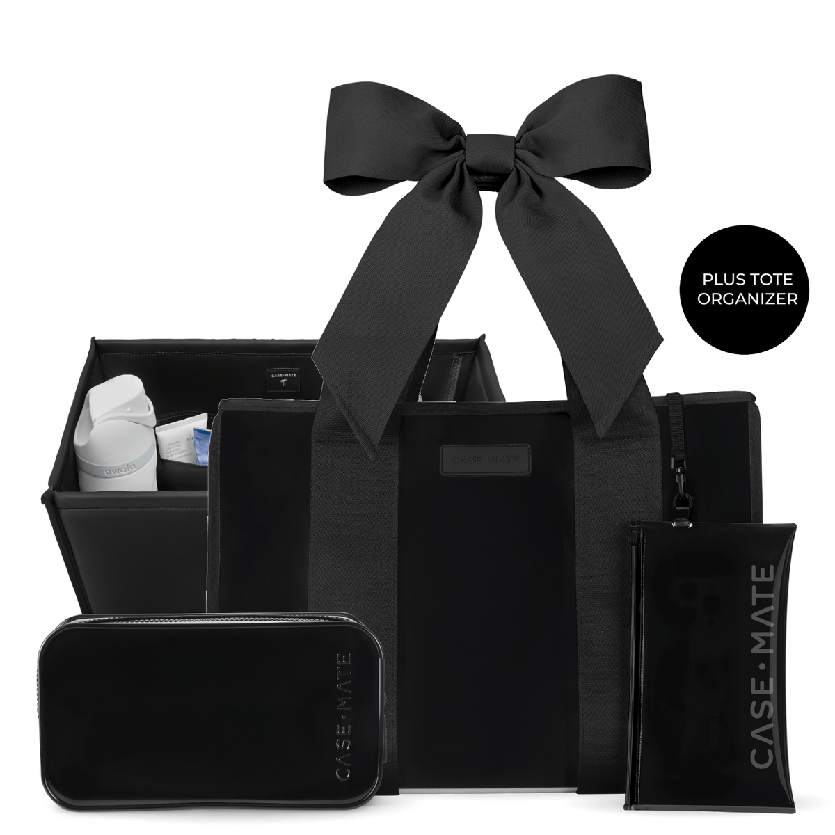 A black Case-Mate toiletry organizer set with a large bow on the main tote bag, a zippered pouch, and a separate plus-toe organizer, shown on a clean white background.