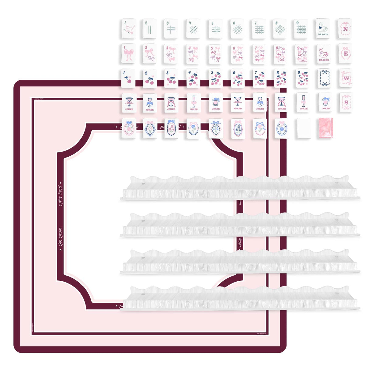 A pink and burgundy game board with multiple rows of white playing cards arranged on a white background.