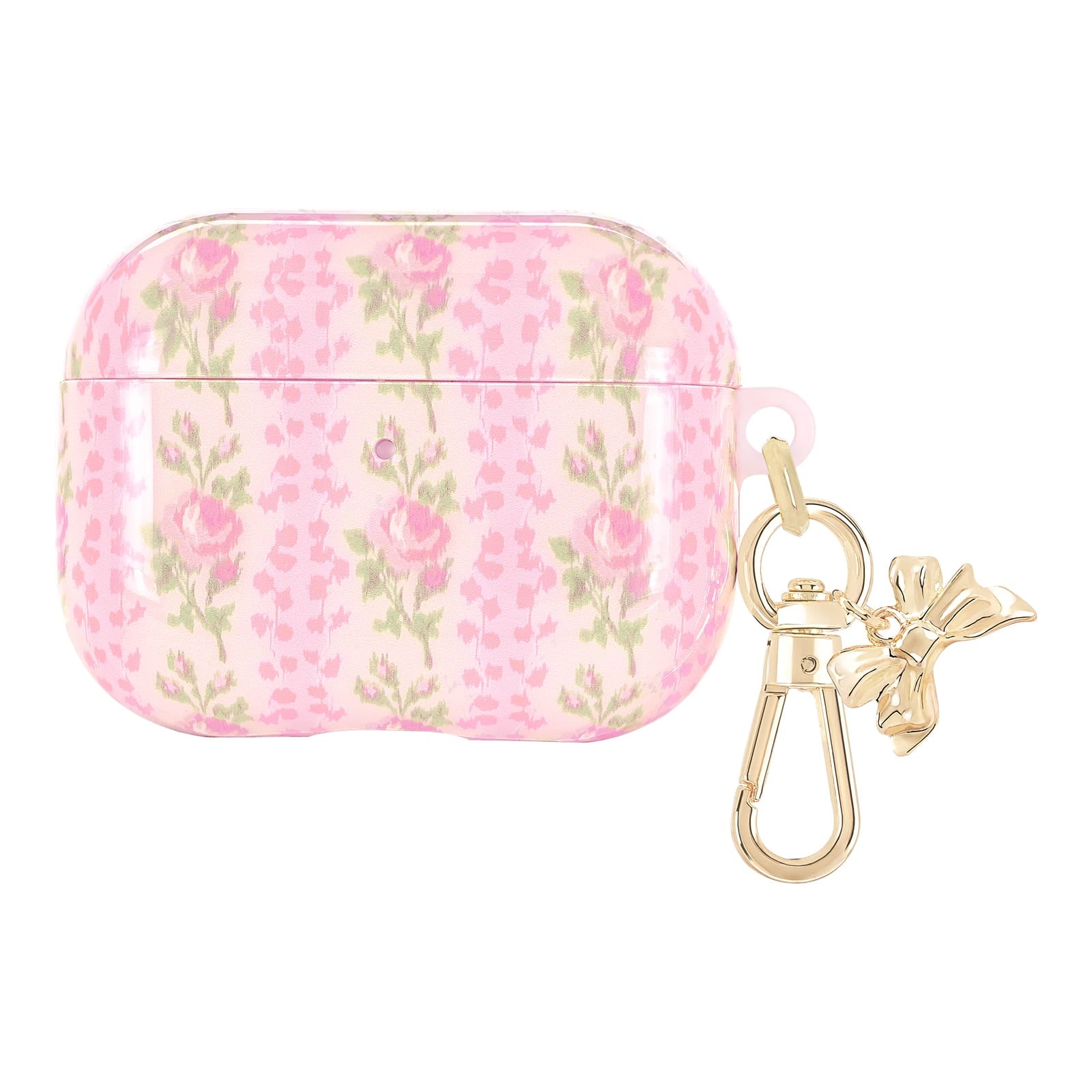 Pink floral case for wireless earbuds with a gold keychain on a white background
#color_blooming heirloom