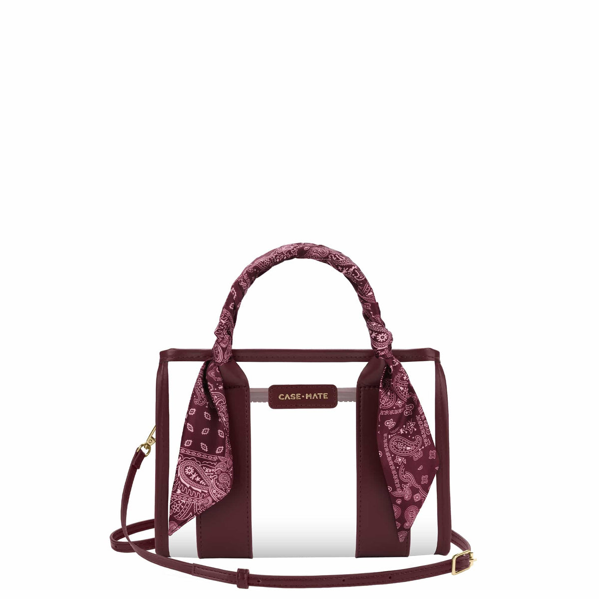 Clear stadium bag with burgundy straps and bandana scarf on strap 
#color_mulberry twilly