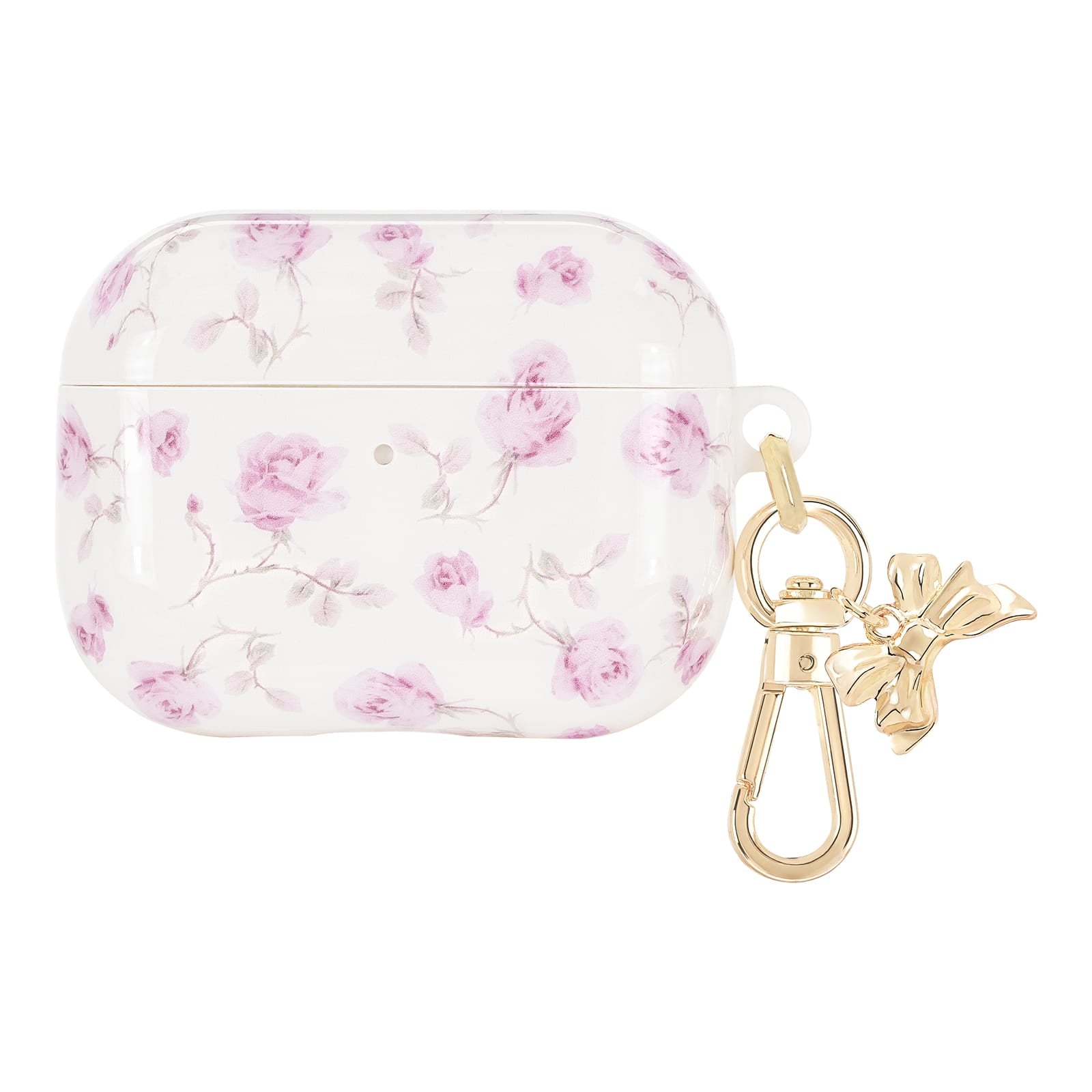 Floral-patterned case with a gold keychain on a white background
#color_ribbon rosa flora
