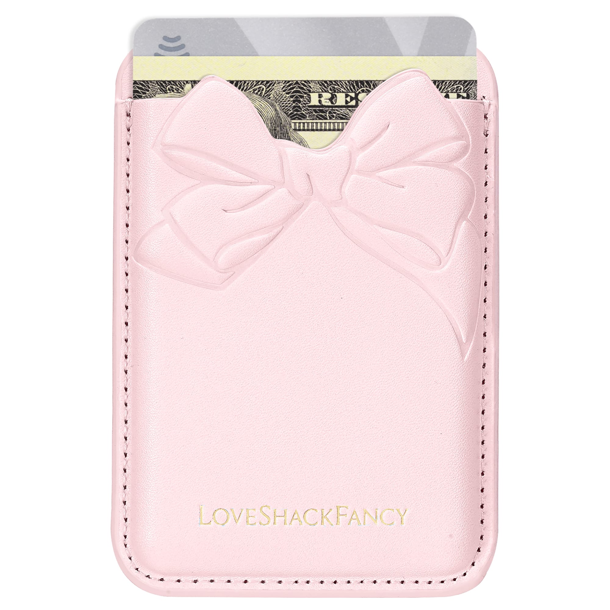 Pink cardholder with bow design featuring 'LOVE SHACK FANCY' branding on a white background.
#color_pink