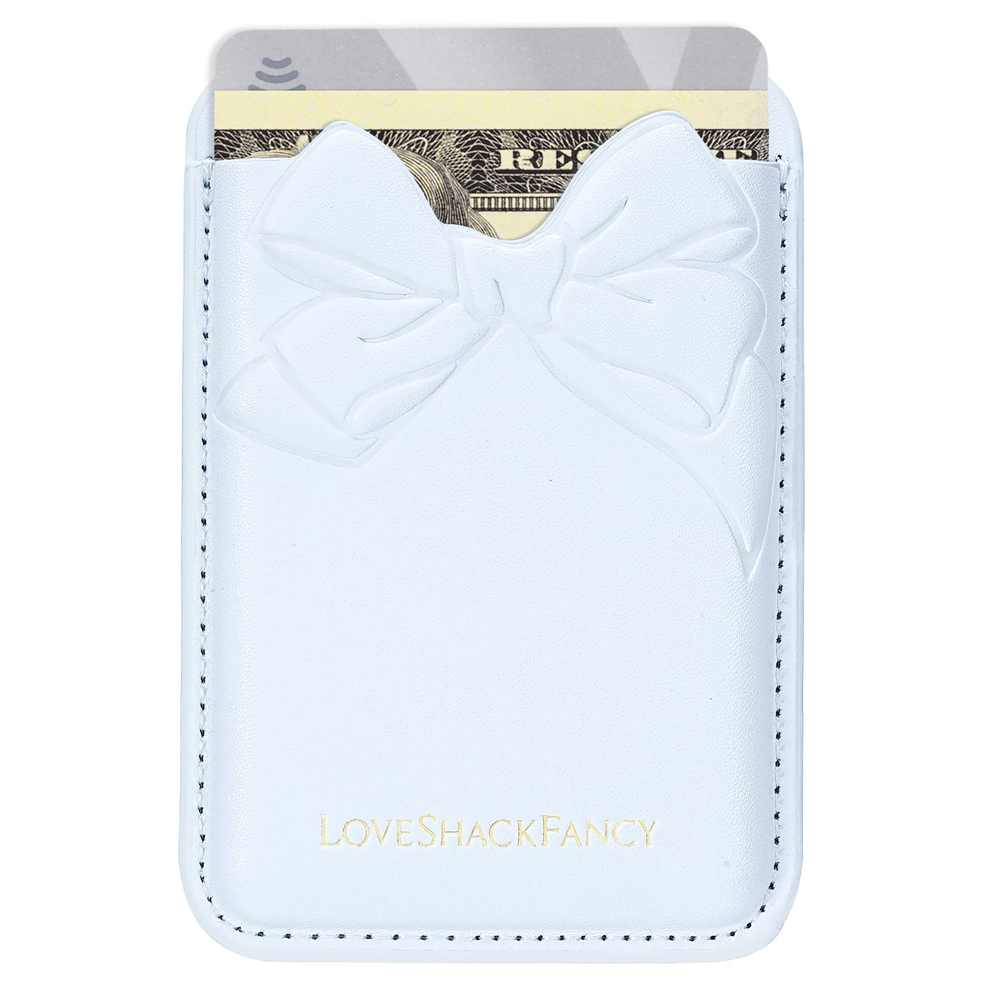 Light blue cardholder with bow design featuring a card on a white background, branded 'LOVE SHACK FANCY'.
#color_blue