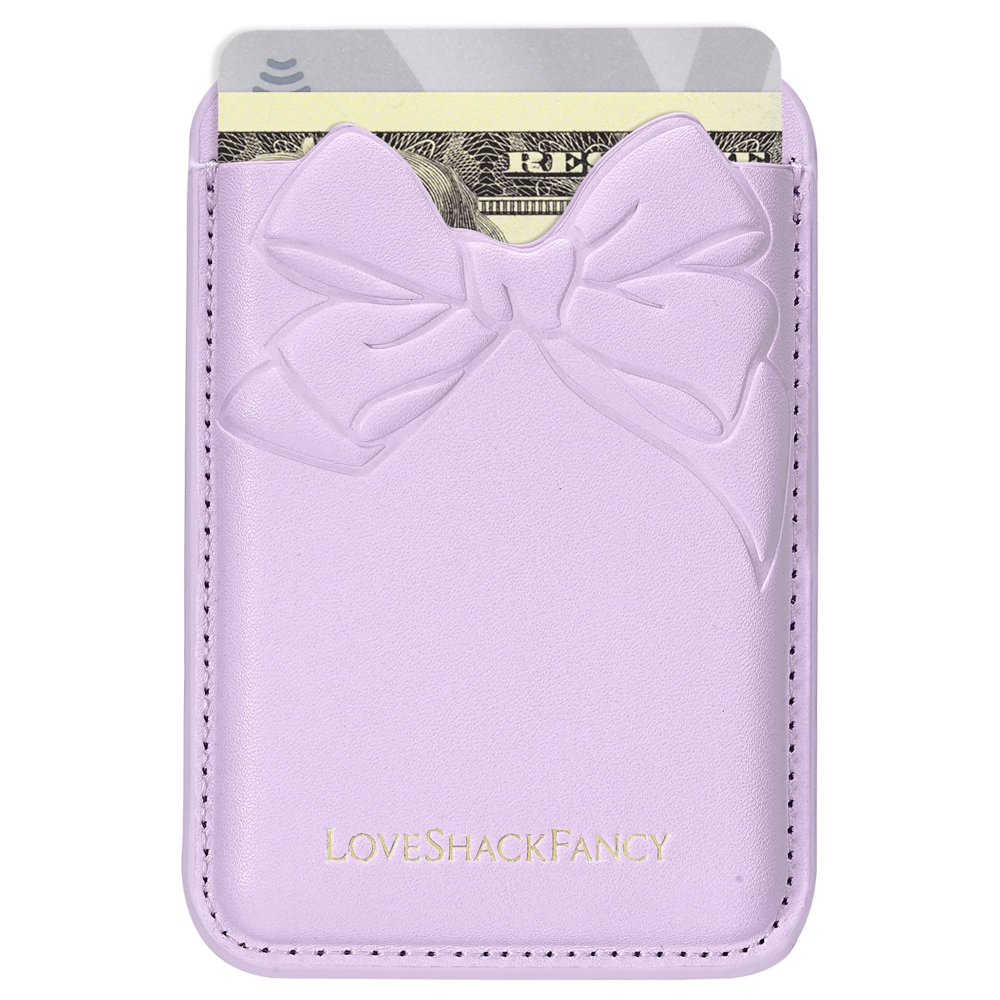 Lavender cardholder with bow design featuring 'LOVE SHACK FANCY' branding on a white background.
#color_purple