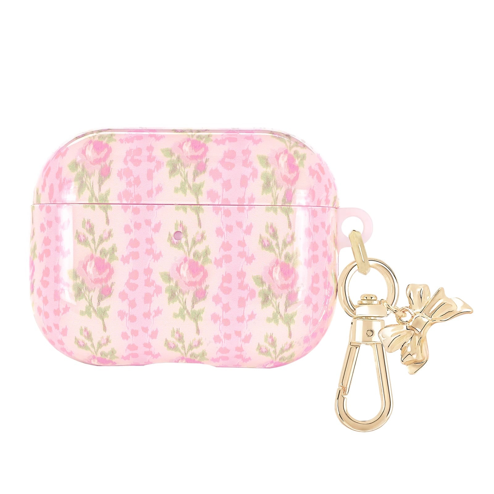 Pink floral case for wireless earbuds with a gold keychain on a white background
#color_blooming heirloom