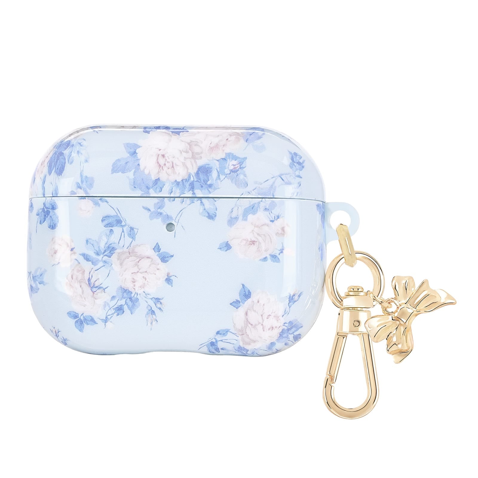 Floral-patterned case for wireless earbuds with a gold keychain on a white background
#color_everblooming rosettes